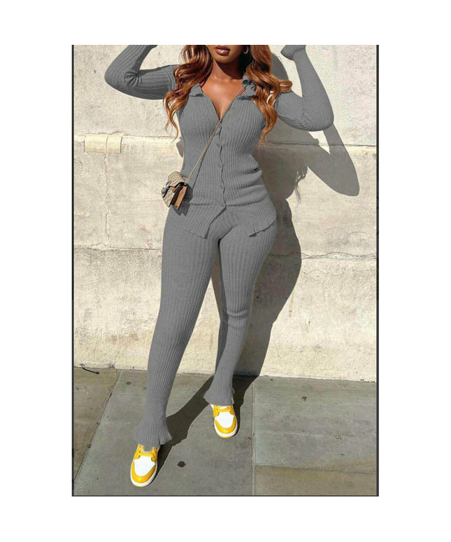Turndown Collar Long Sleeve Two Pieces Set