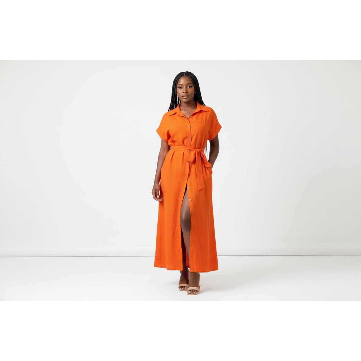 Solid Colour Single Breasted Sexy Slit Mid Length Dress