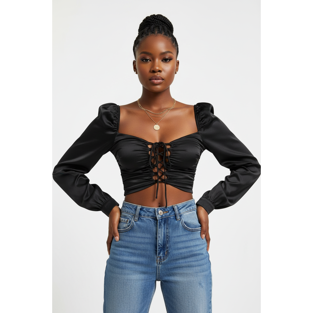 Vintage Hollow Lace-up Front Puff Sleeve Blouse