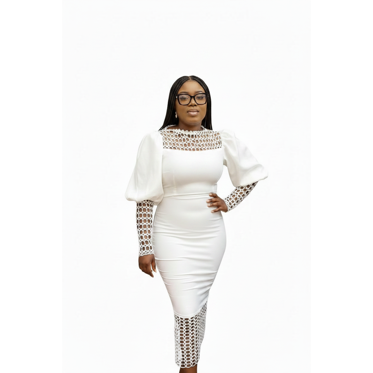Mesh Hollow Out Long Lantern Sleeves Dress