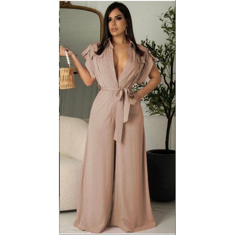 V-Neck Wide-leg Short Sleeve Overall Jumpsuit