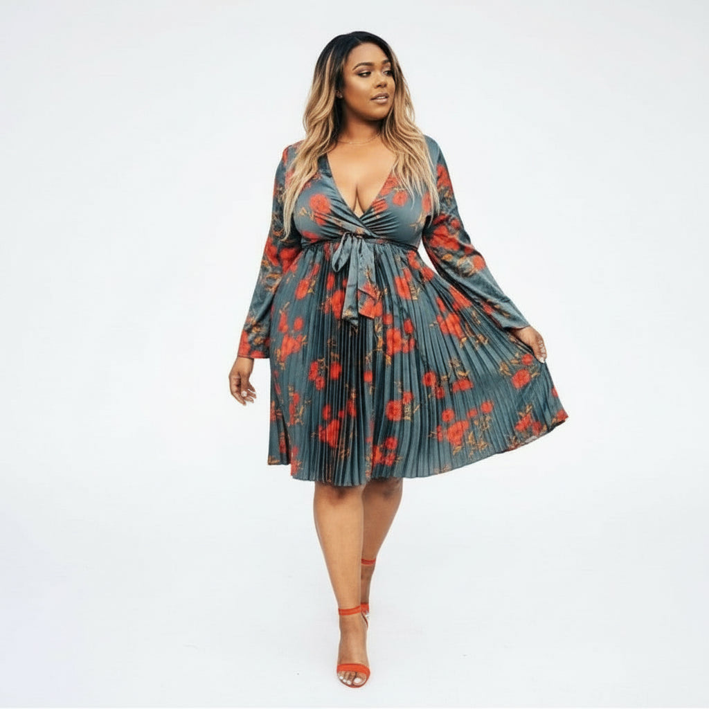 V-Neck Floral Pleated Midi Dress