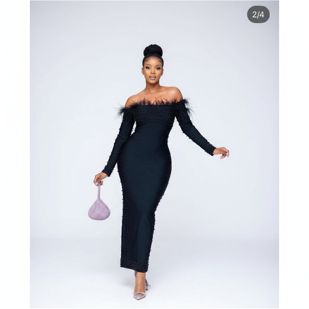 Feather Off Shoulder Beaded Detailed Dress