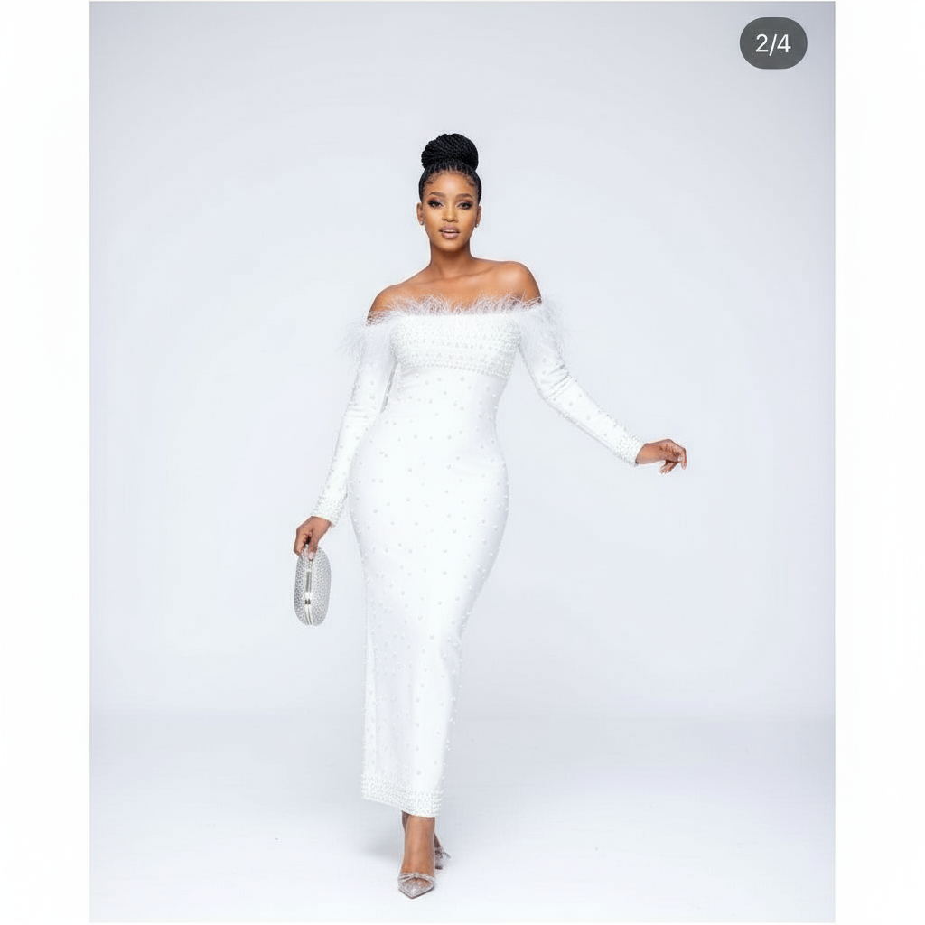 Feather Off Shoulder Beaded Detailed Dress