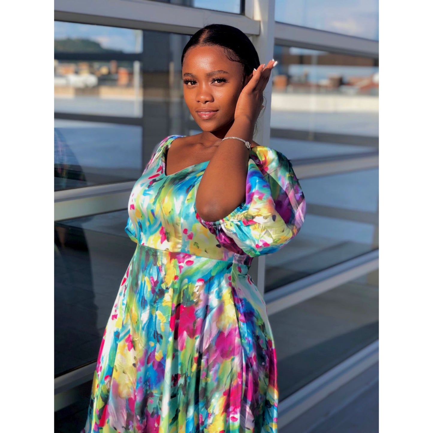 Lantern Short Sleeve Floral Maxi Dress