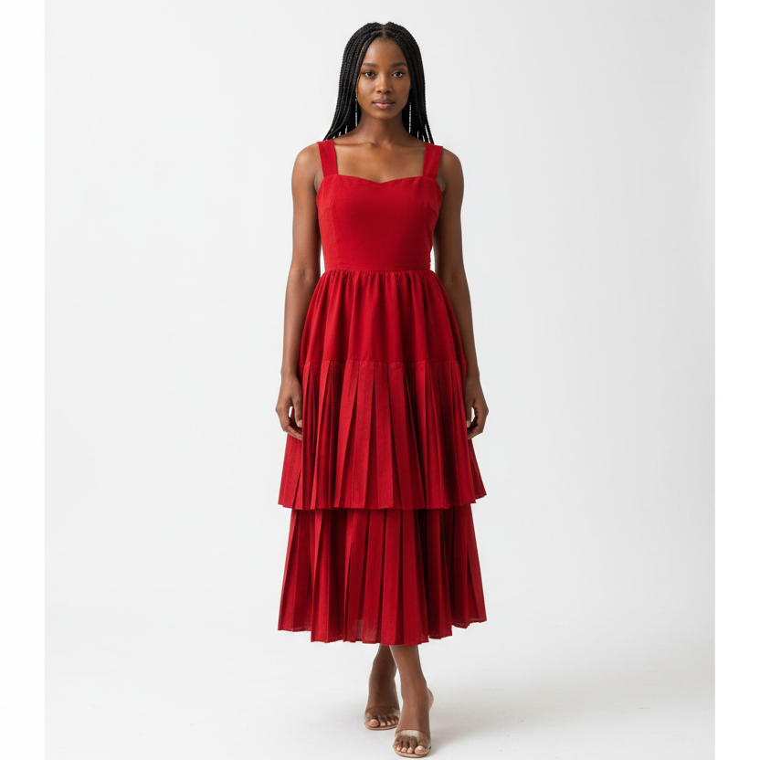 Pleated High Waist Solid Color Dress