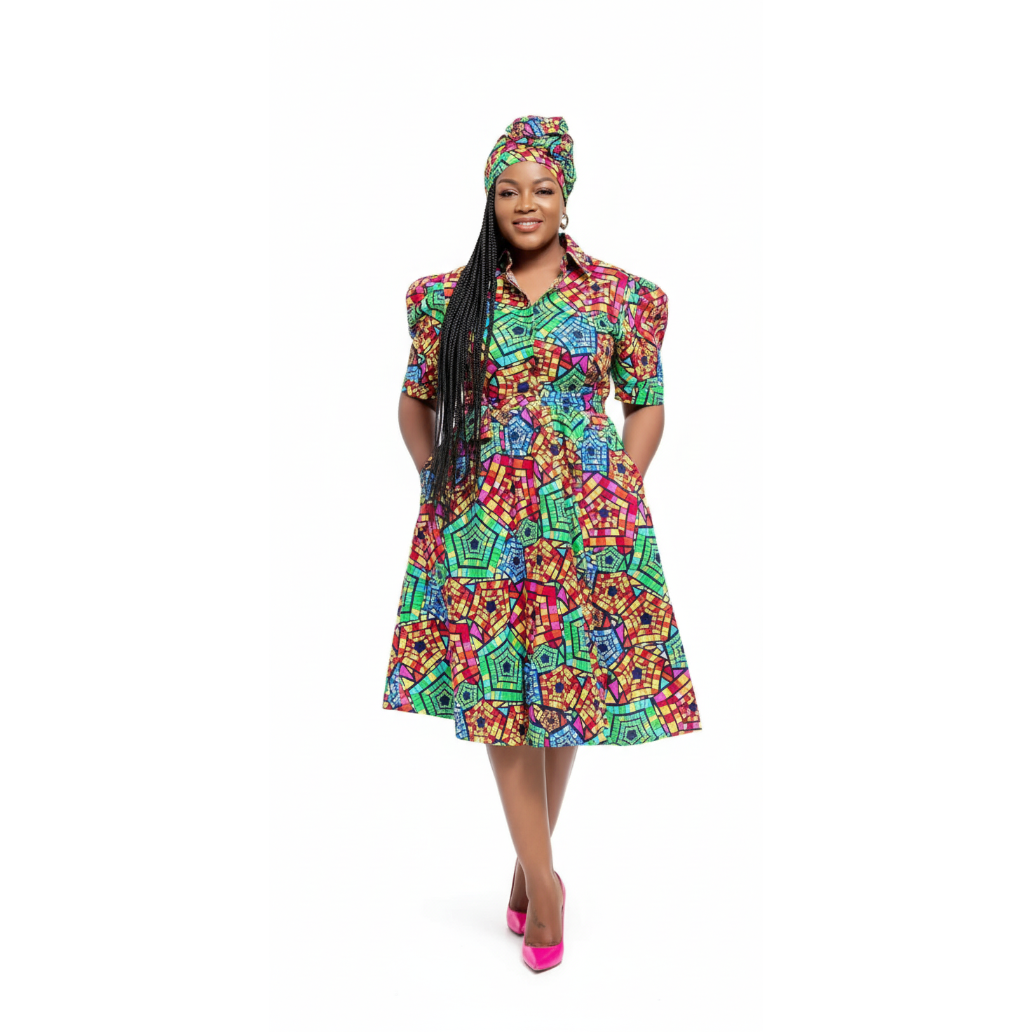 Deep V-Neck 3 Quarter Sleeve Ankara Dress
