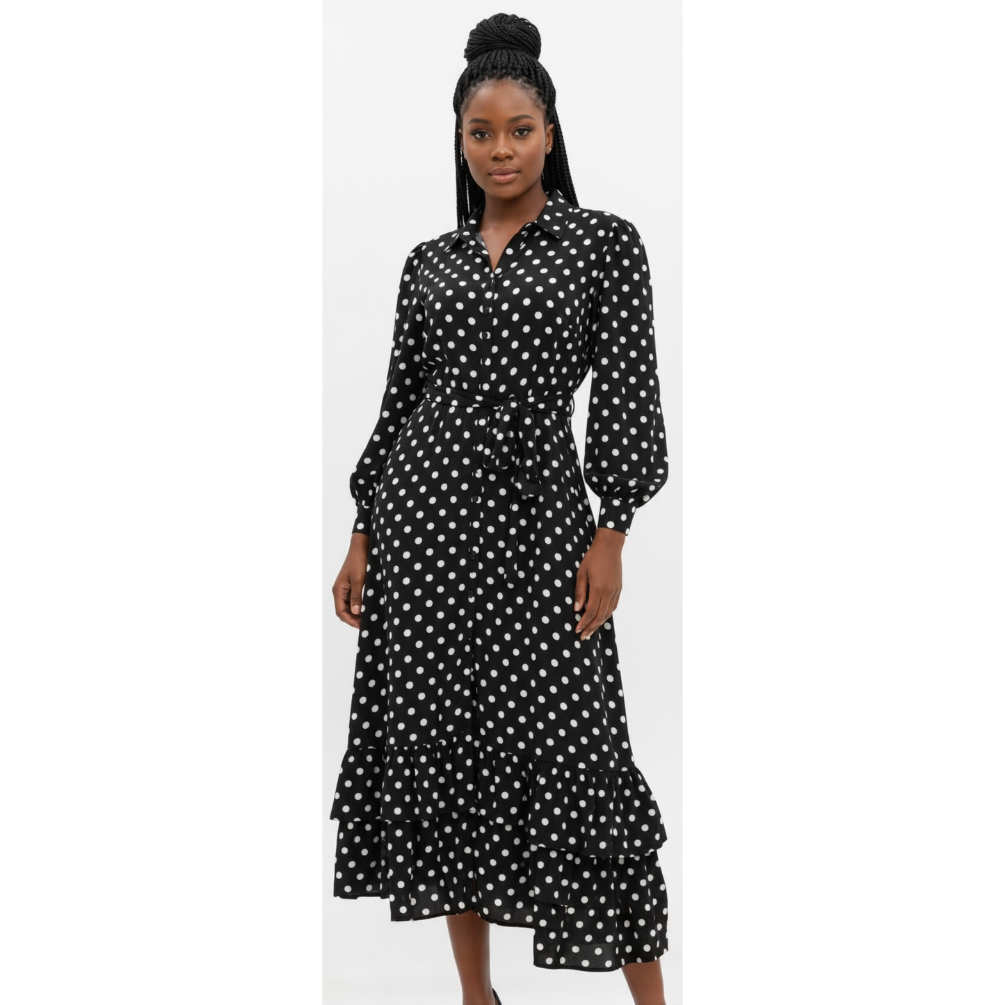 Long Sleeve Polka Dotted Shirt Dress