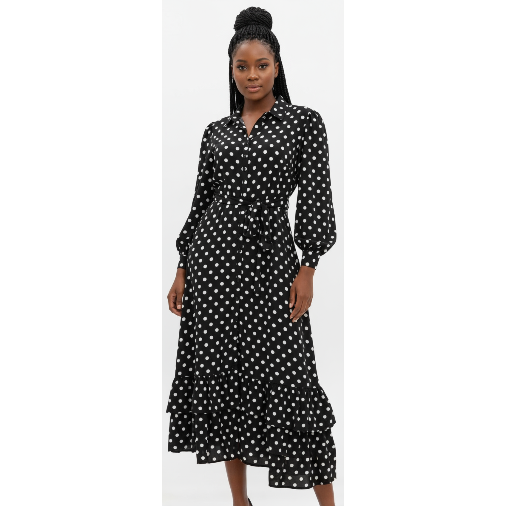 Long Sleeve Polka Dotted Shirt Dress