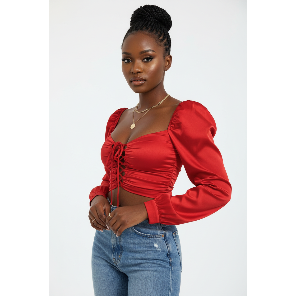 Vintage Hollow Lace-up Front Puff Sleeve Blouse