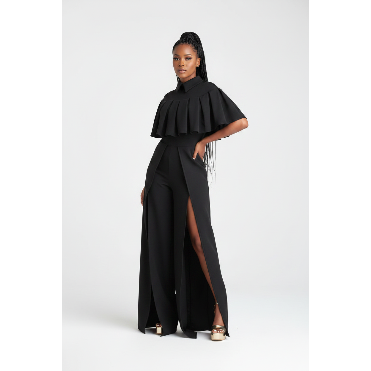Side slit Cape jumpsuit.