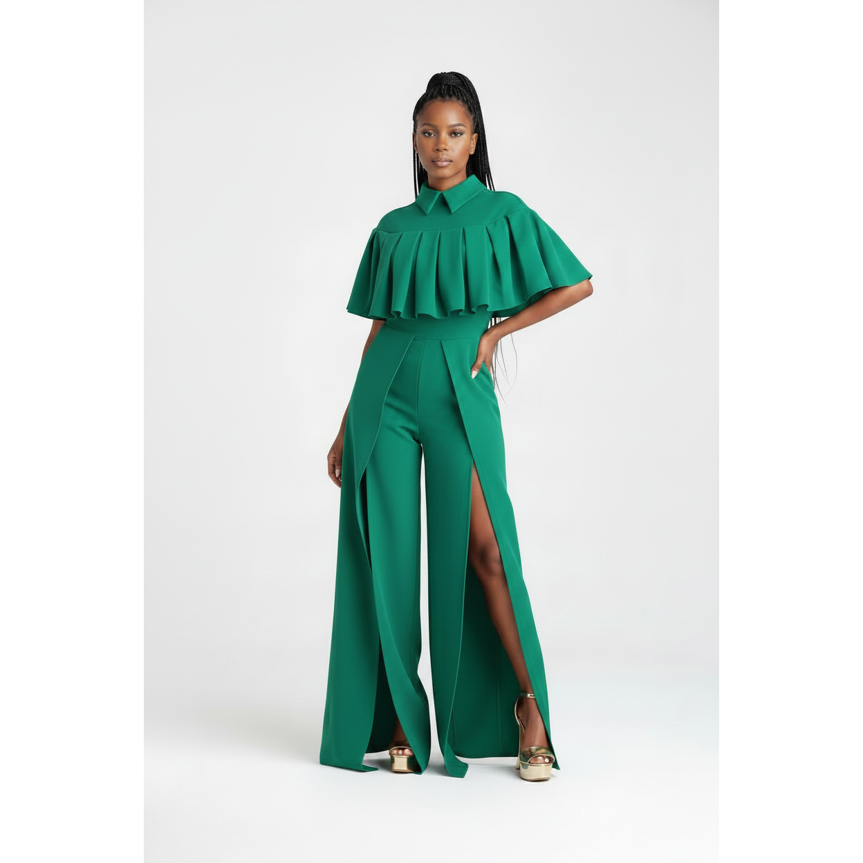Side slit Cape jumpsuit.