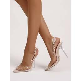 Chain Decor Clear Point Toe Stiletto Heeled Slingback Pumps.