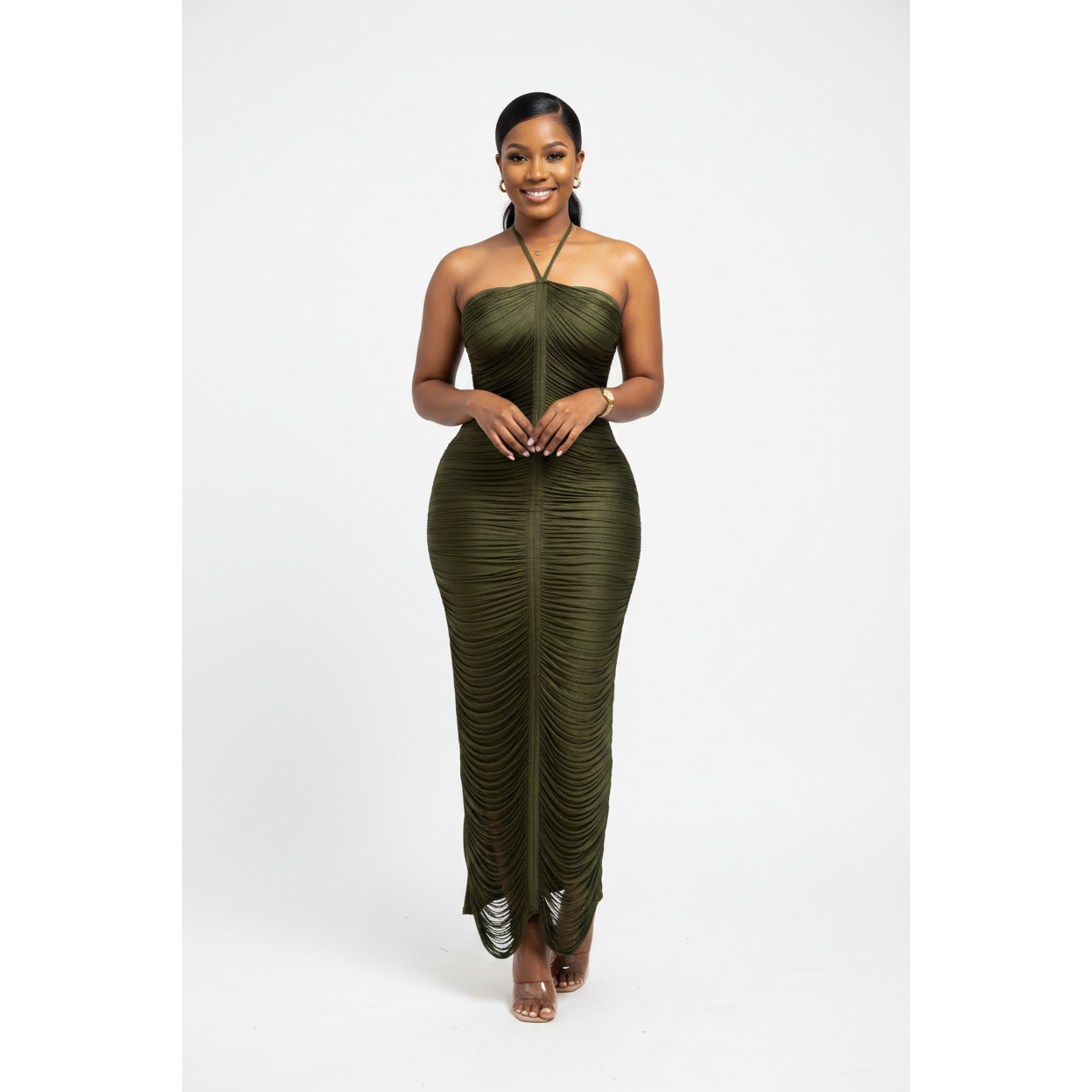 Plus-Size Ruched Halter-Neck Maxi Dress