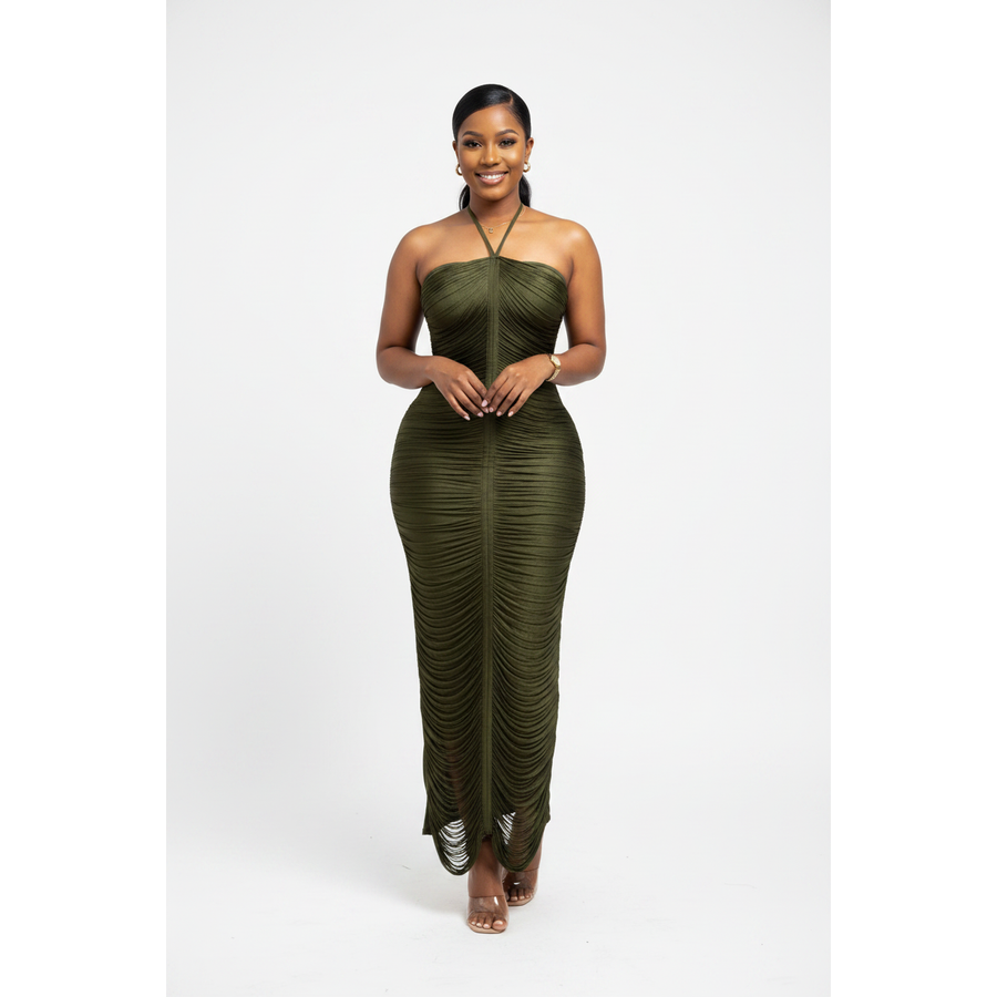 Plus Size Ruched Halter-Neck Bodycon Maxi Dress