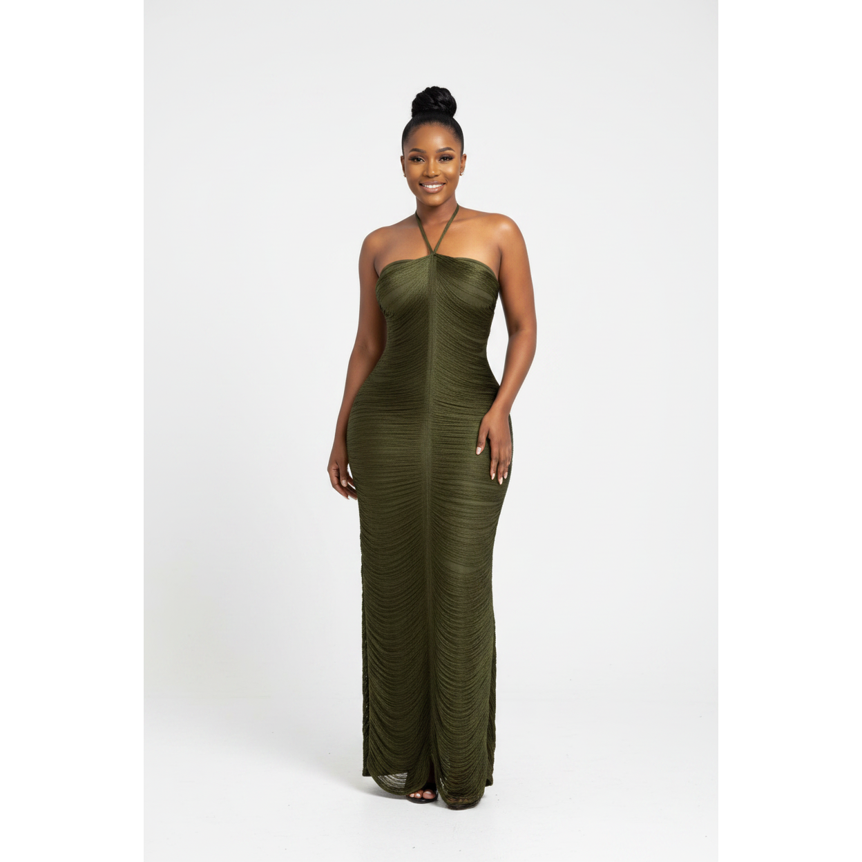 Plus Size Ruched Halter-Neck Bodycon Maxi Dress