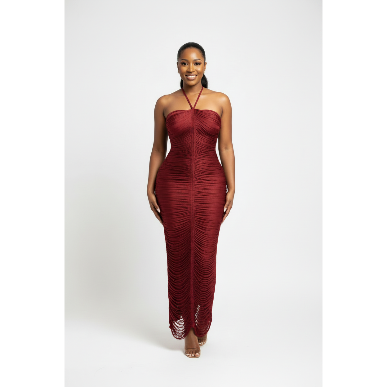 Plus Size Ruched Halter-Neck Bodycon Maxi Dress