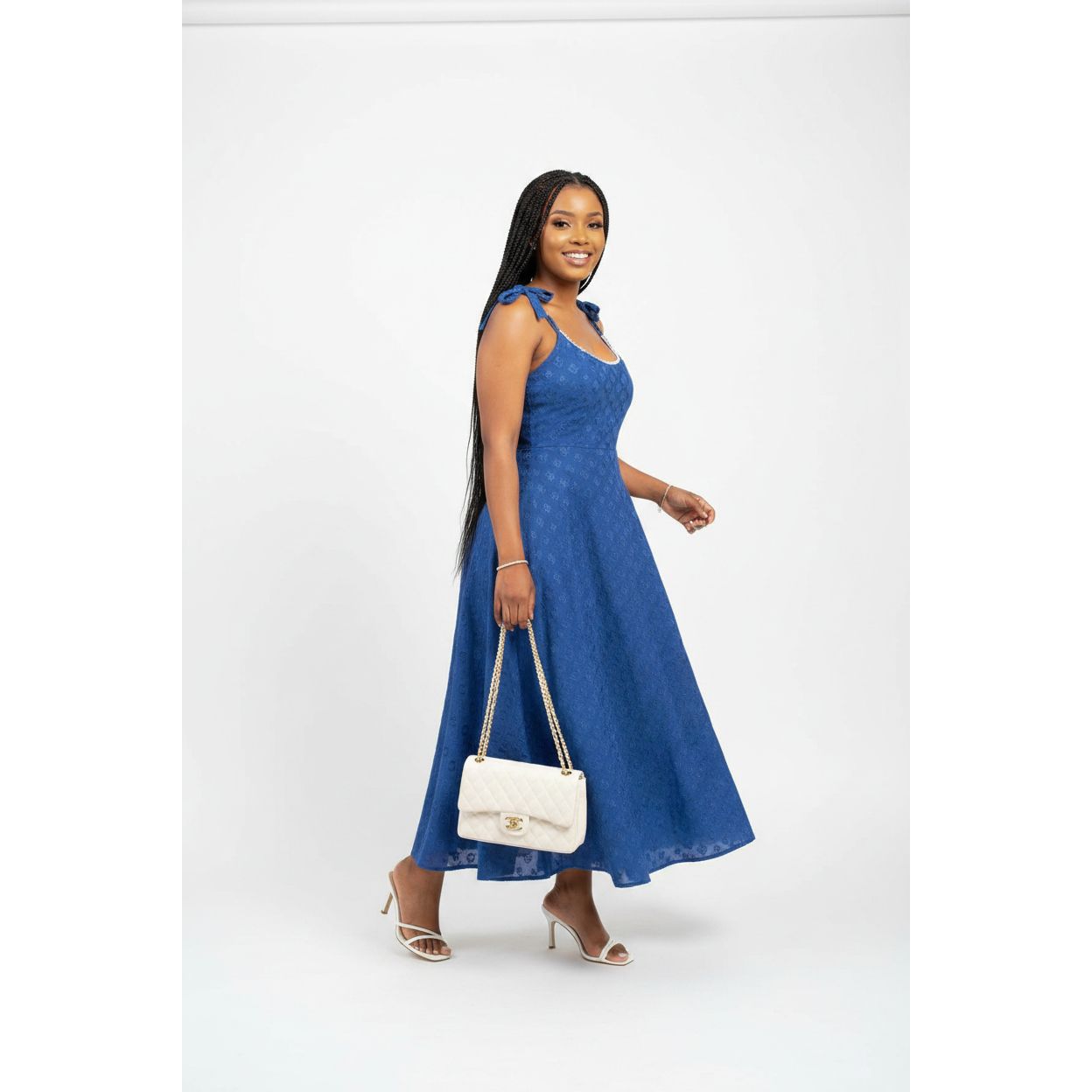 Plus Size Pearl Trim Shoulder Tie Dress