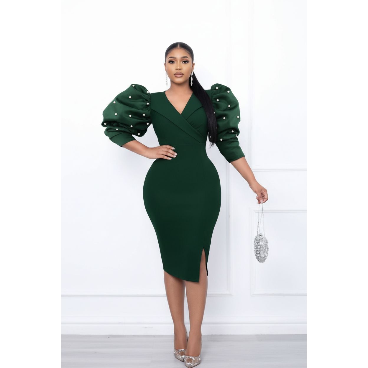 Pearl-Embellished Puff Sleeve Bodycon Midi Dress