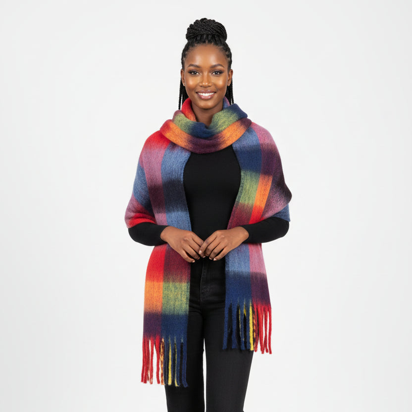 Multi-Color Fringe-Trimmed Blanket Scarf