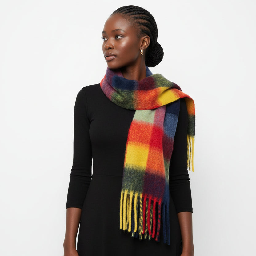 Multi-Color Fringe-Trimmed Blanket Scarf