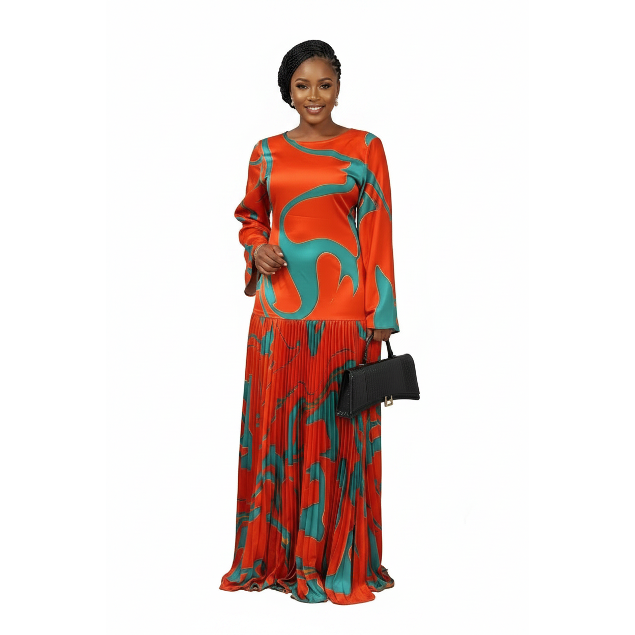 Satin Orange Marble Wave Maxi Gown