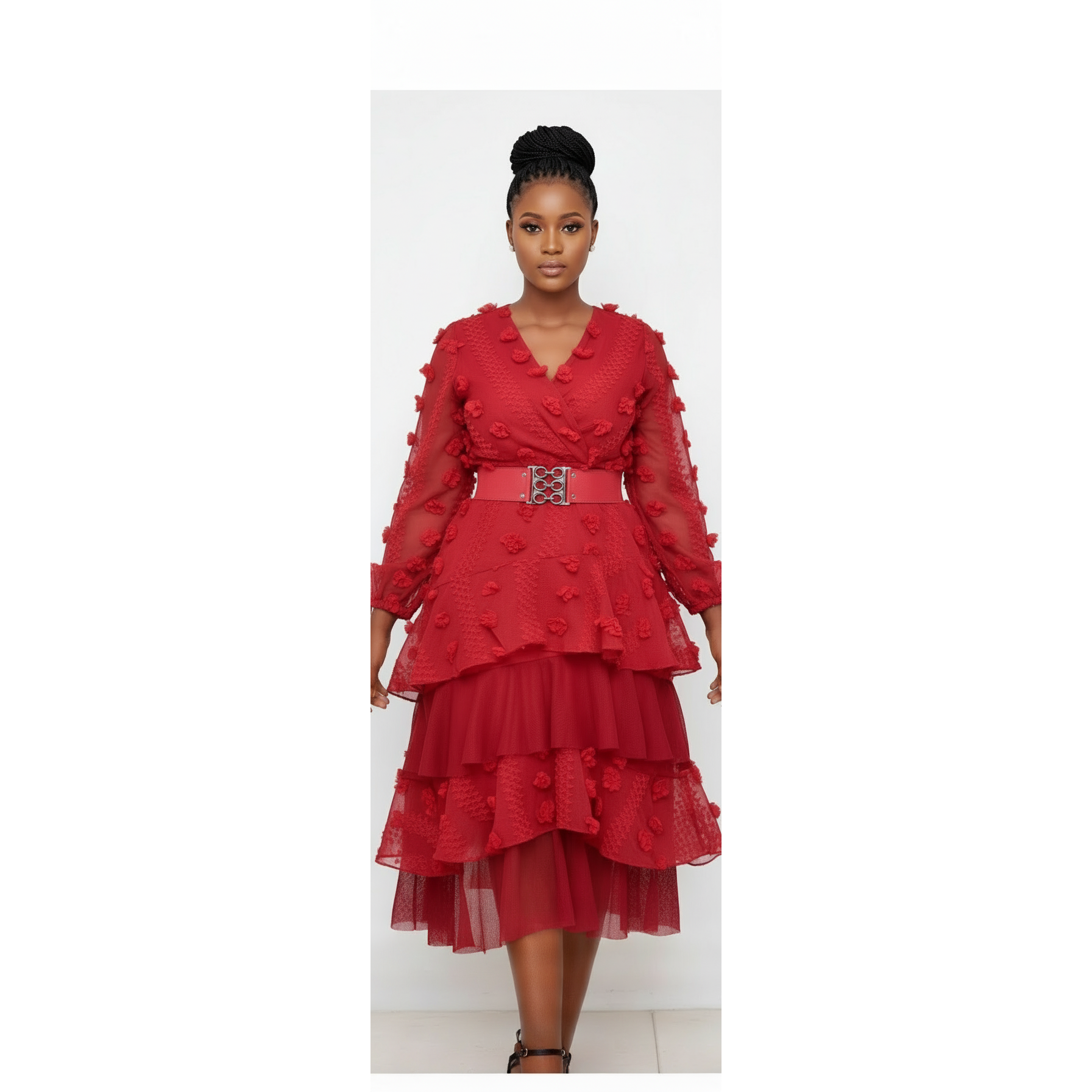 Mesh Long Sleeves V-Neck Ruffles Dress 