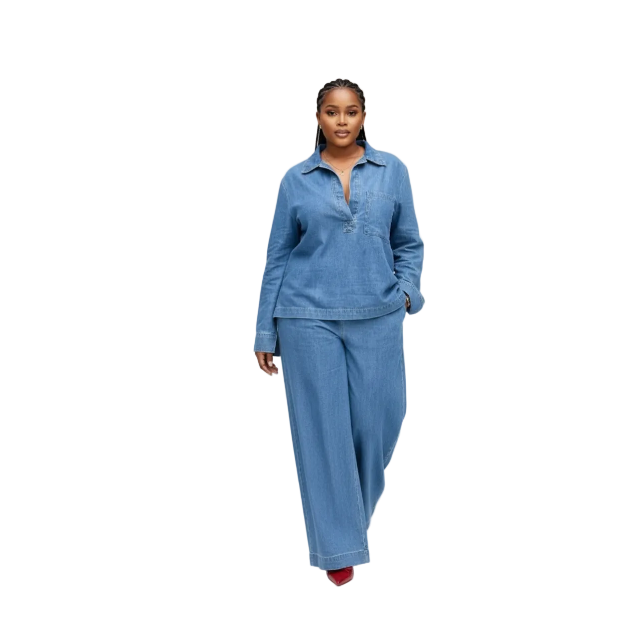 Denim Long Sleeve Two Piece Pants And Top 2 Piece Set