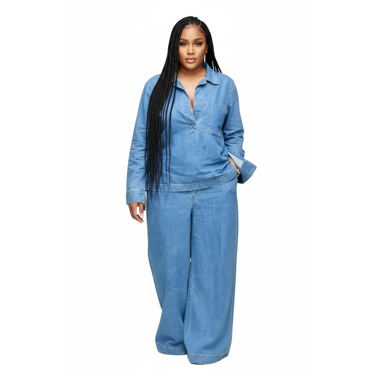 Denim Long Sleeve Two Piece Pants And Top 2 Piece Set