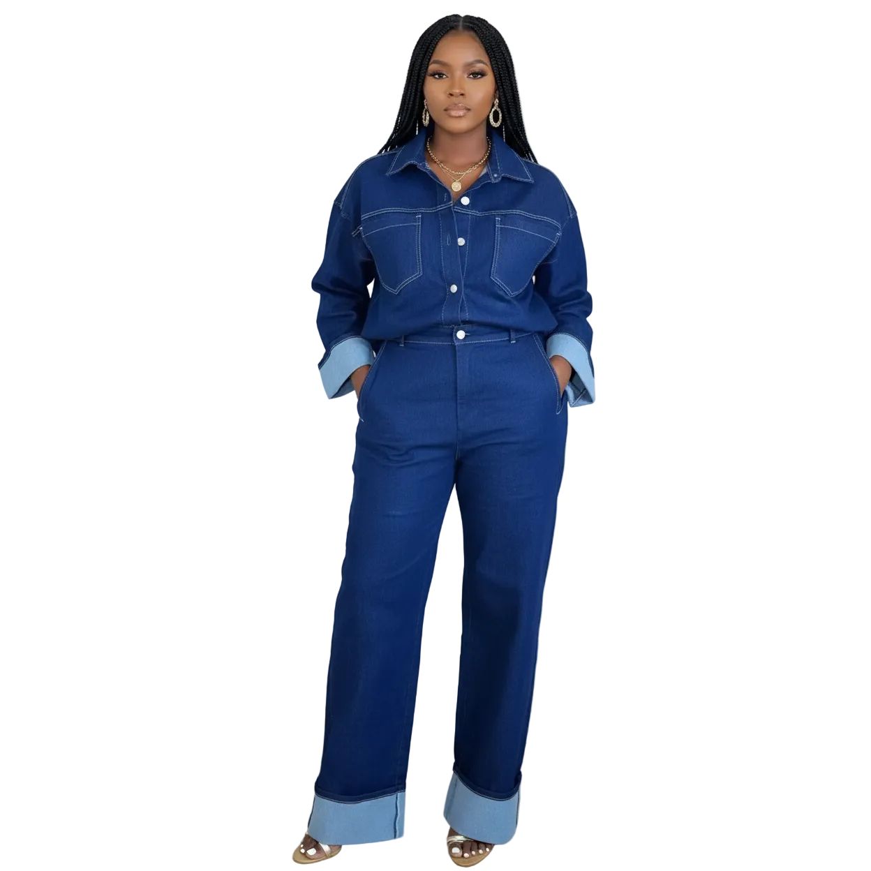 Denim Solid Color 2 Piece Suit Set.