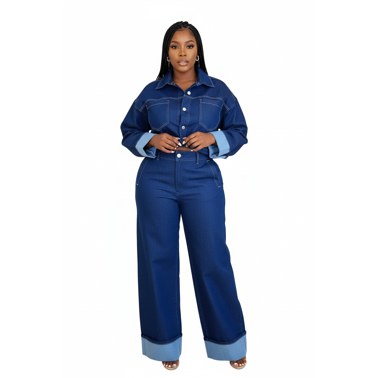 Denim Solid Color 2 Piece Suit Set.