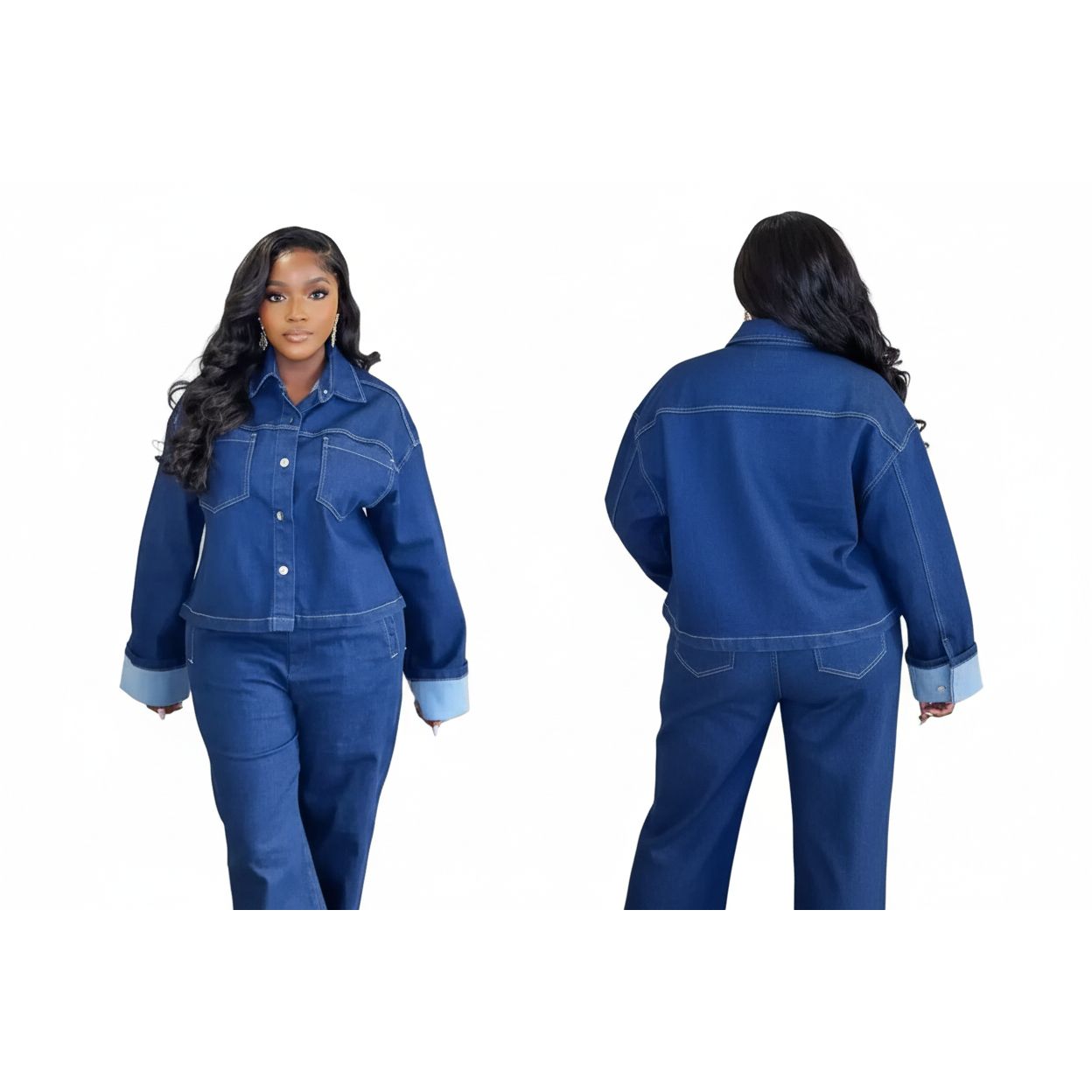 Denim Solid Color 2 Piece Suit Set.