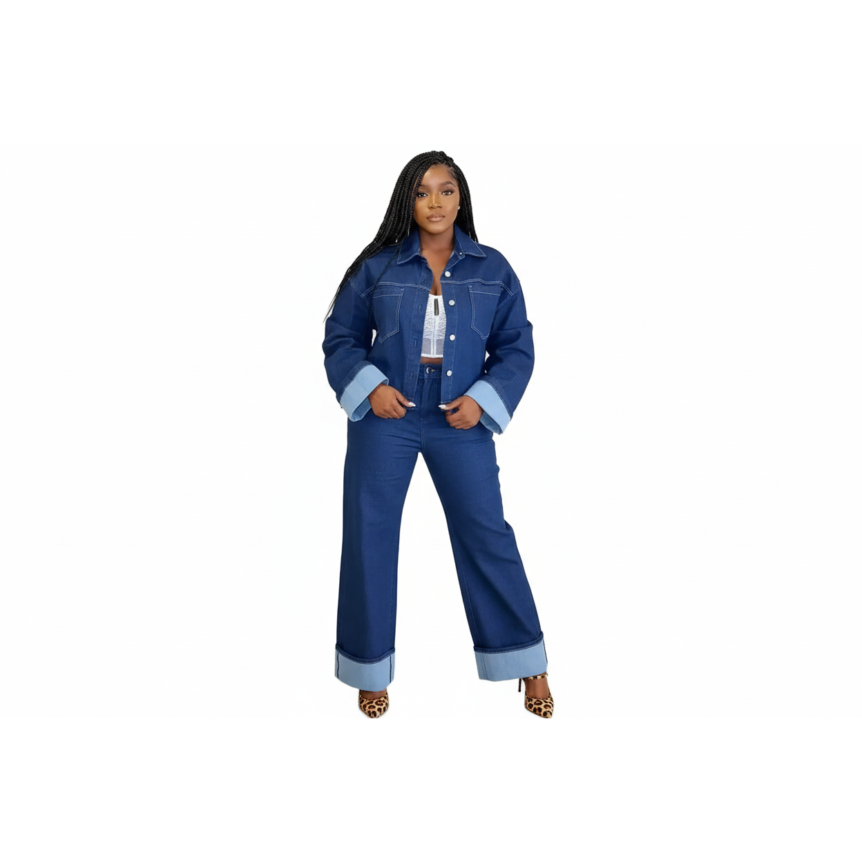 Denim Solid Color 2 Piece Suit Set.