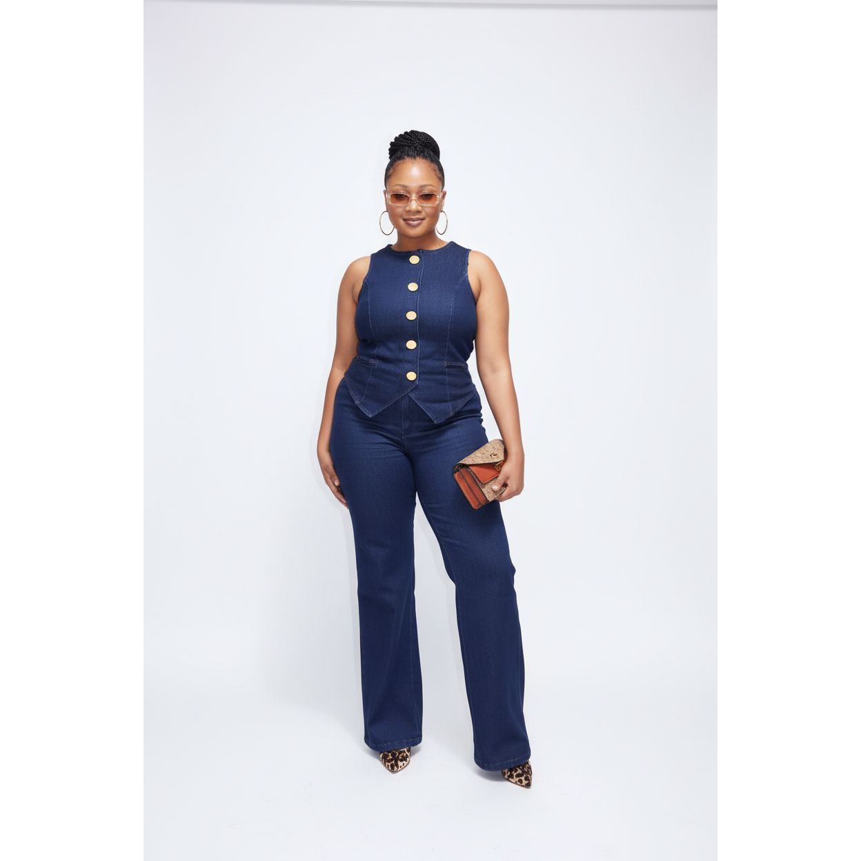 Vest Button Top and High-waist Denim Pants Ladies Office Wear Set