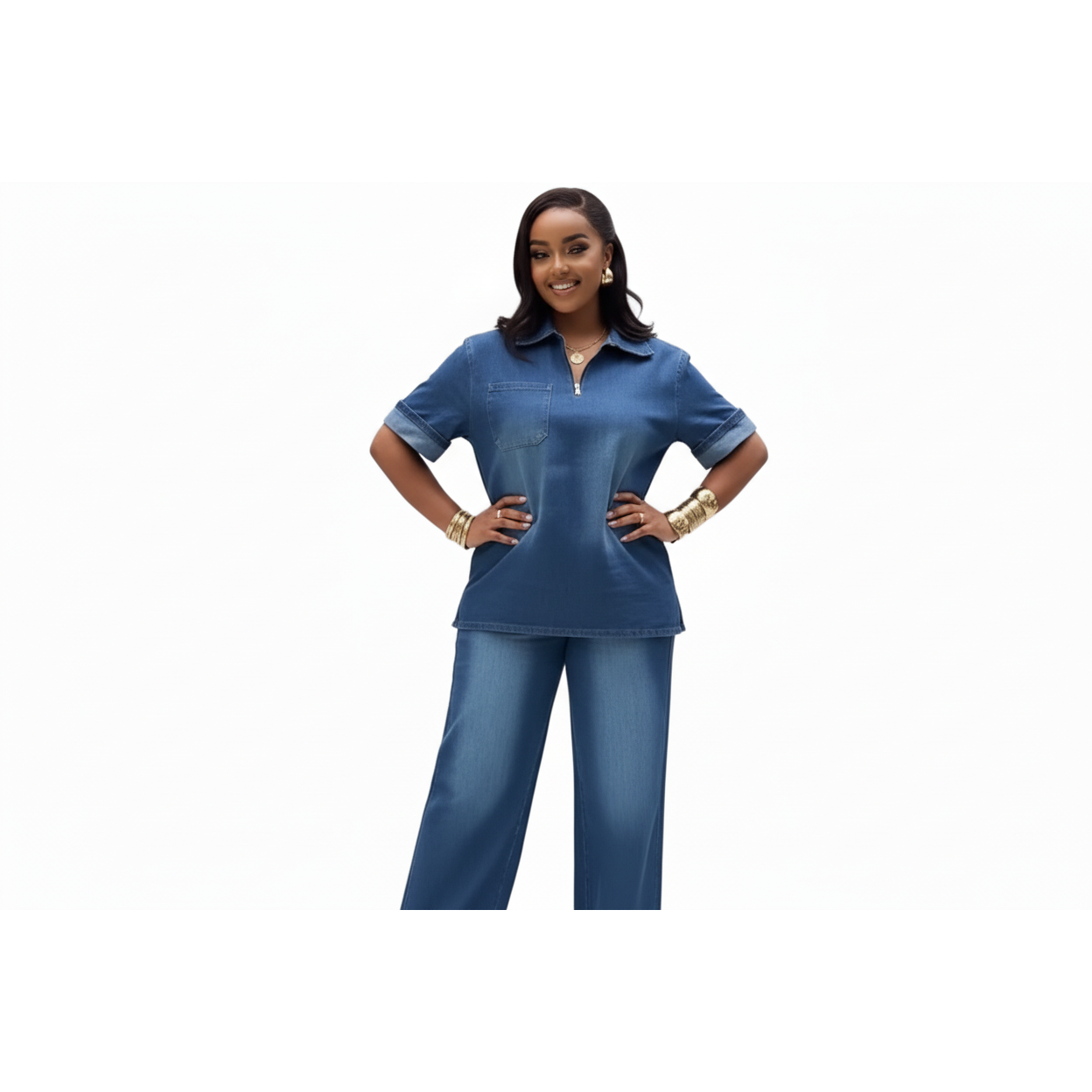 High Waist Pants and Top with a Zipper 2 Piece Denim Set.