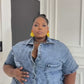 Plus Size Short Sleeve Denim Big Pocket Midi Jumpsuit