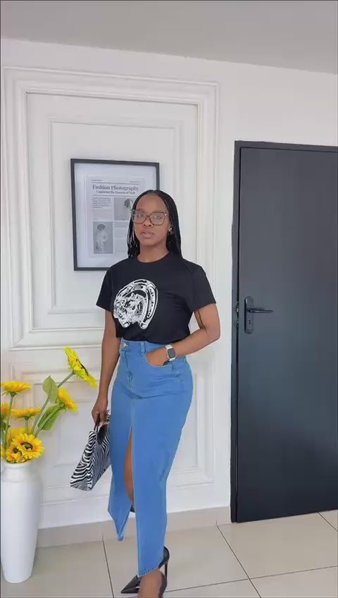 High Waisted Front Slit Denim Skirt