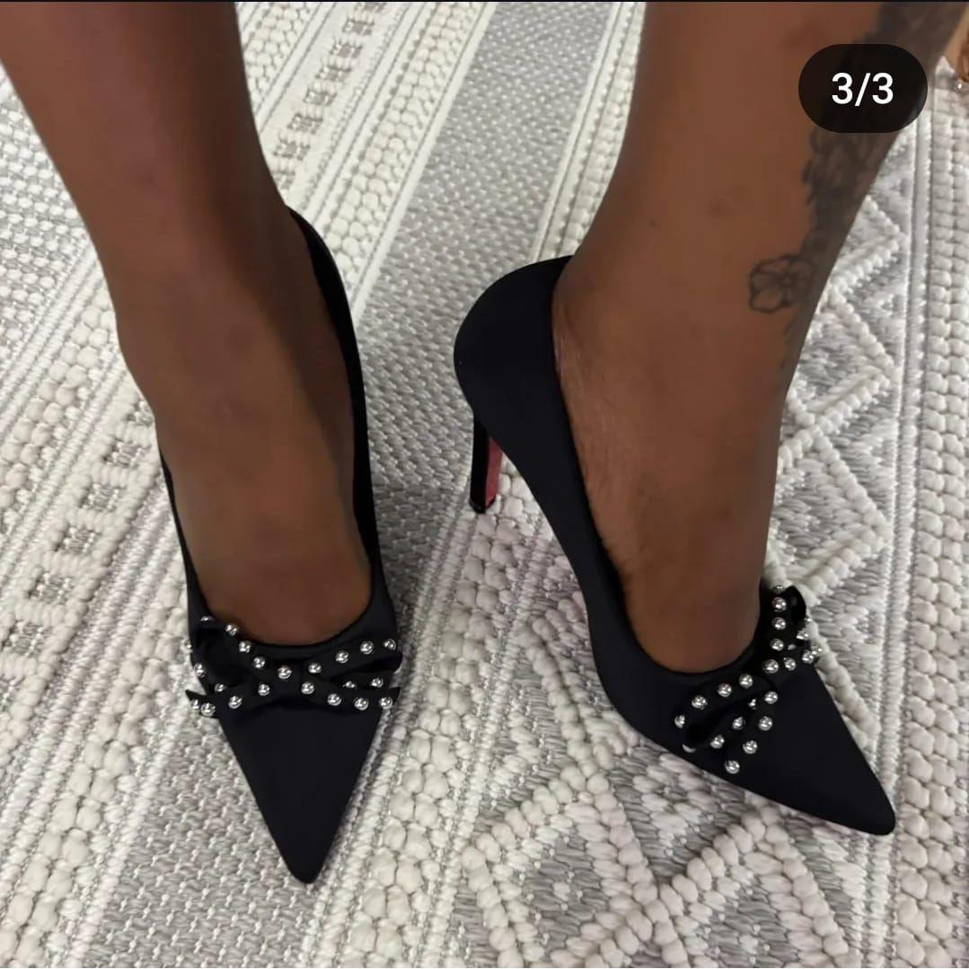 Pearl Bowknot Slim High Heels Shoes.