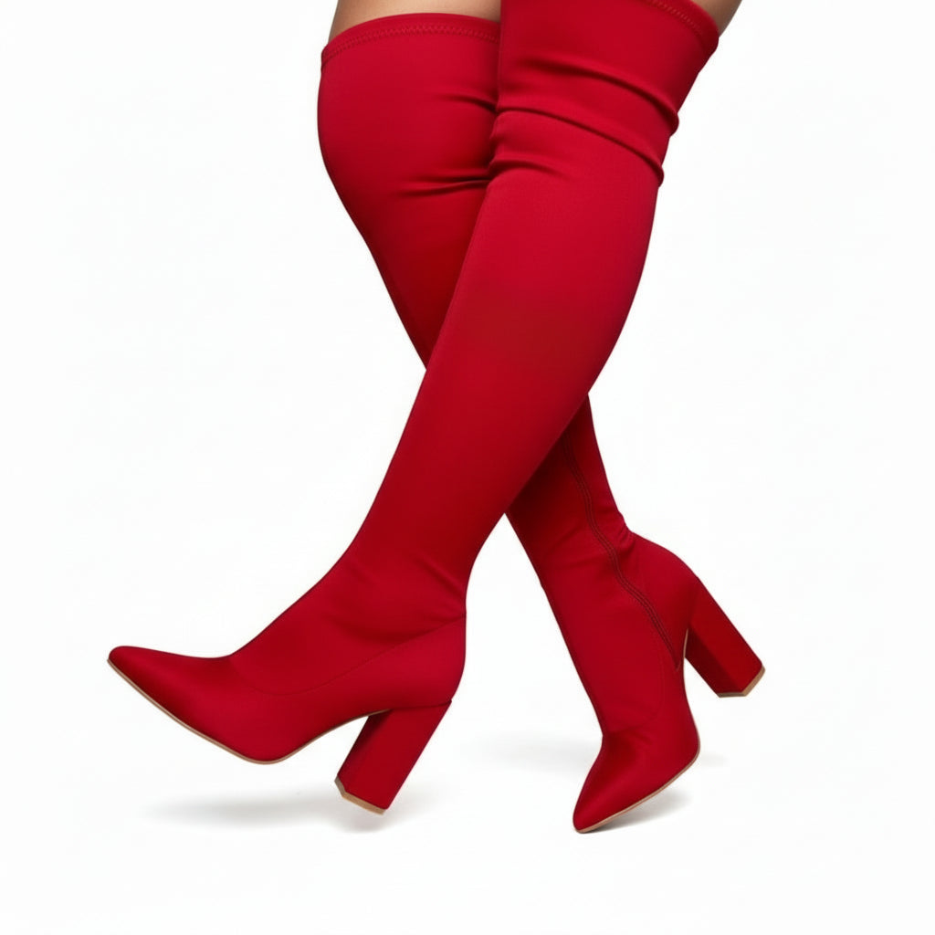 suede Chunky Heel Thigh High Sock Boots
