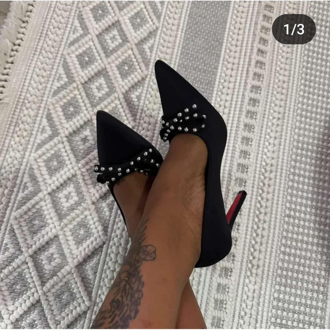 Pearl Bowknot Slim High Heels Shoes.