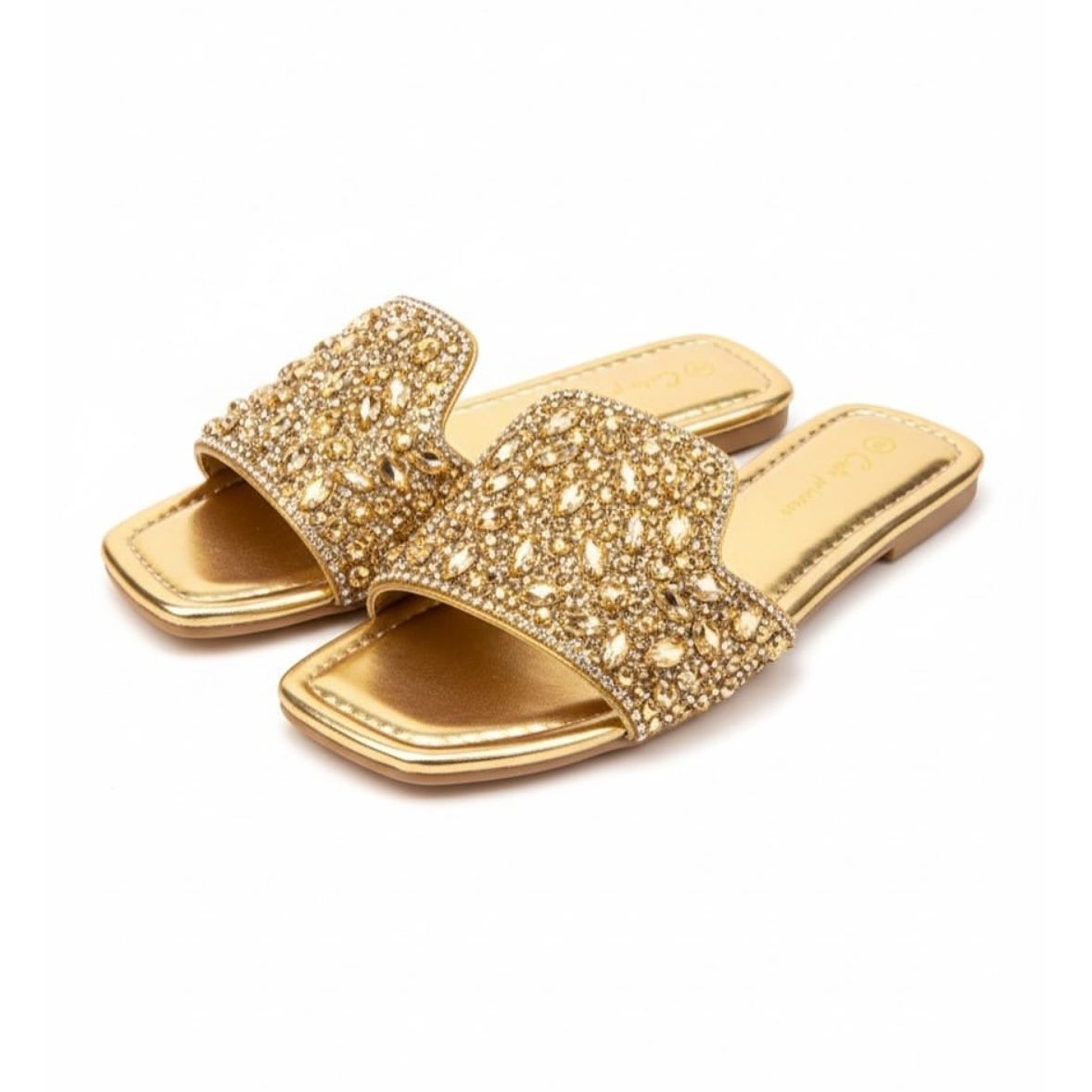 Rhinestone-decorated Flat Slide Sandals.