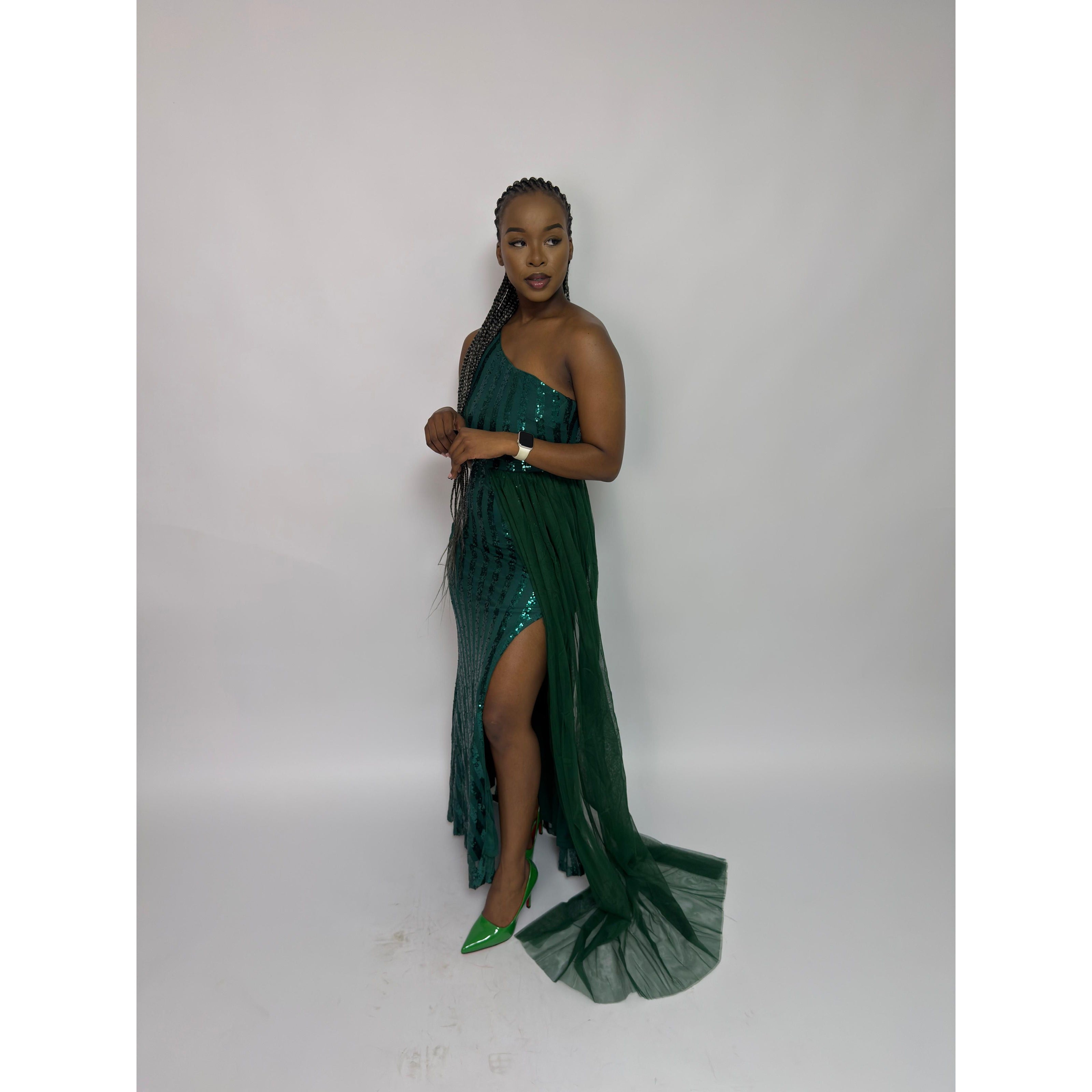 Diagonal Neckline Plus Size Maxi Sequin Dress