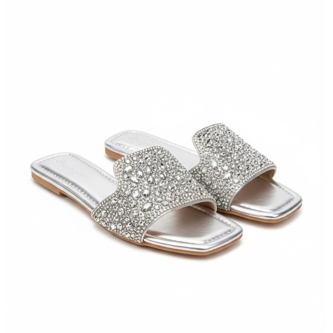 Rhinestone-decorated Flat Slide Sandals.