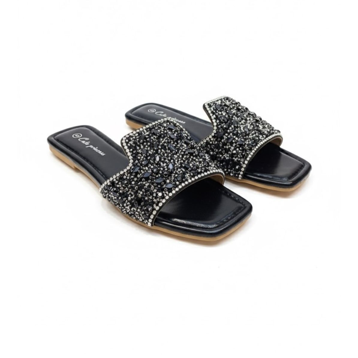 Rhinestone-decorated Flat Slide Sandals.