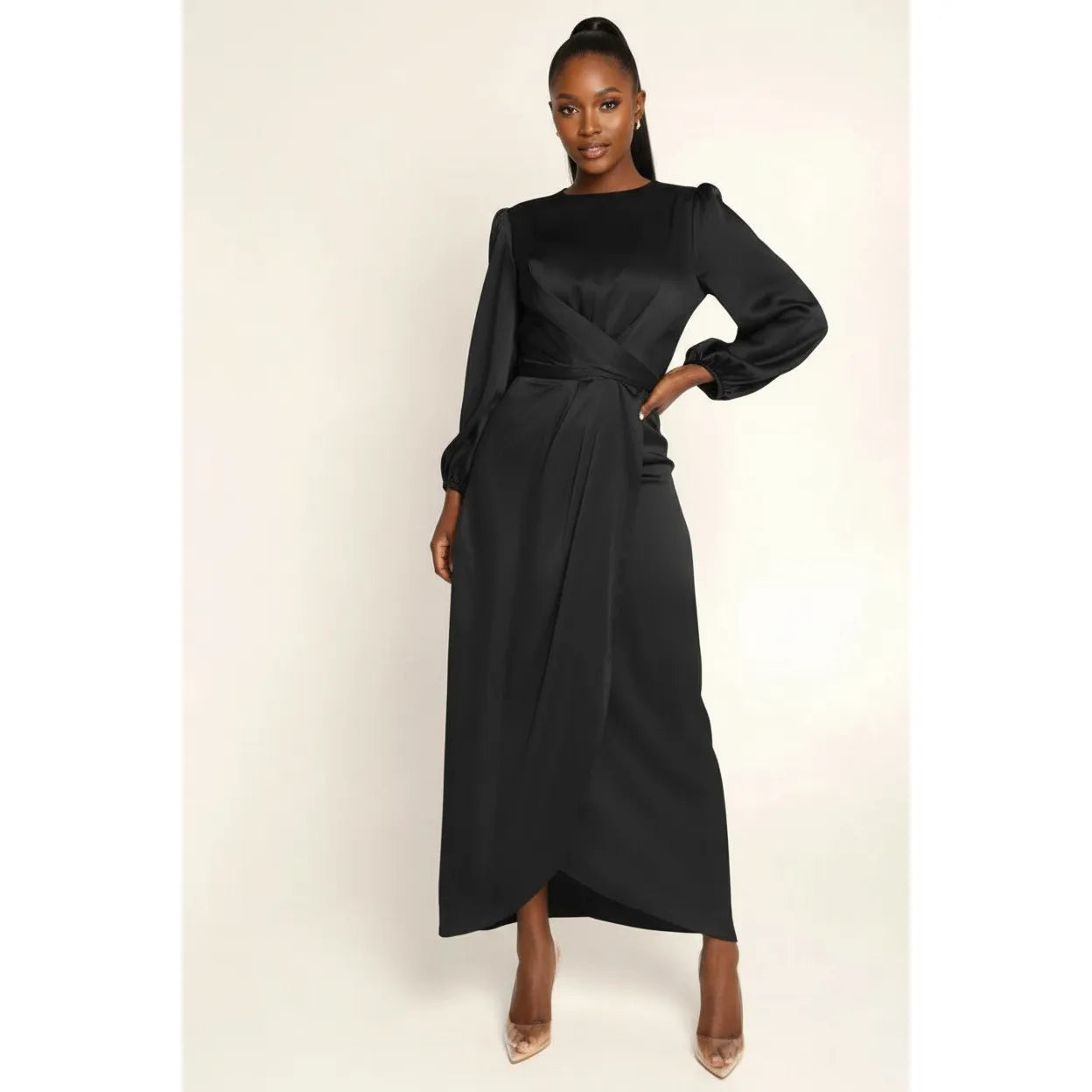 Sleeve Black Abaya Kaftan Belted Cloak Dress