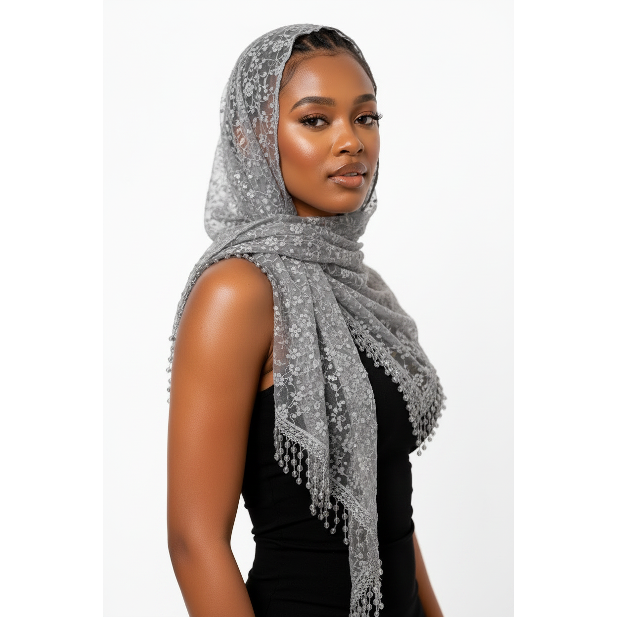 Lace Tassel Floral Triangle Scarf Shawl