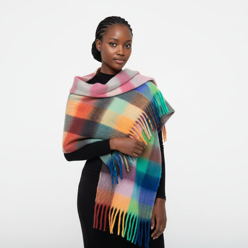 Multi-Color Fringe-Trimmed Blanket Scarf