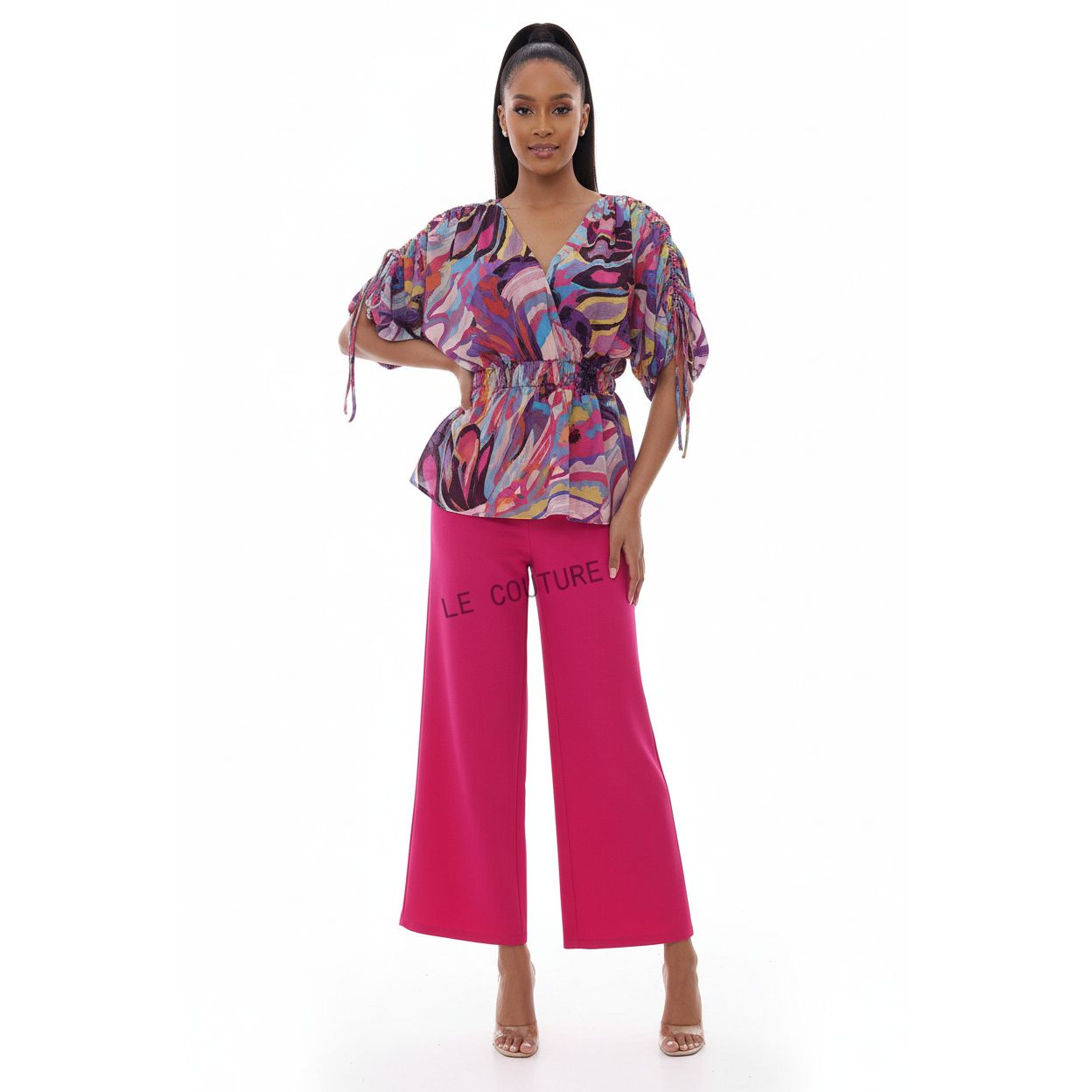 Multicolor Printed Sleeve Knot Side Top & Pants.