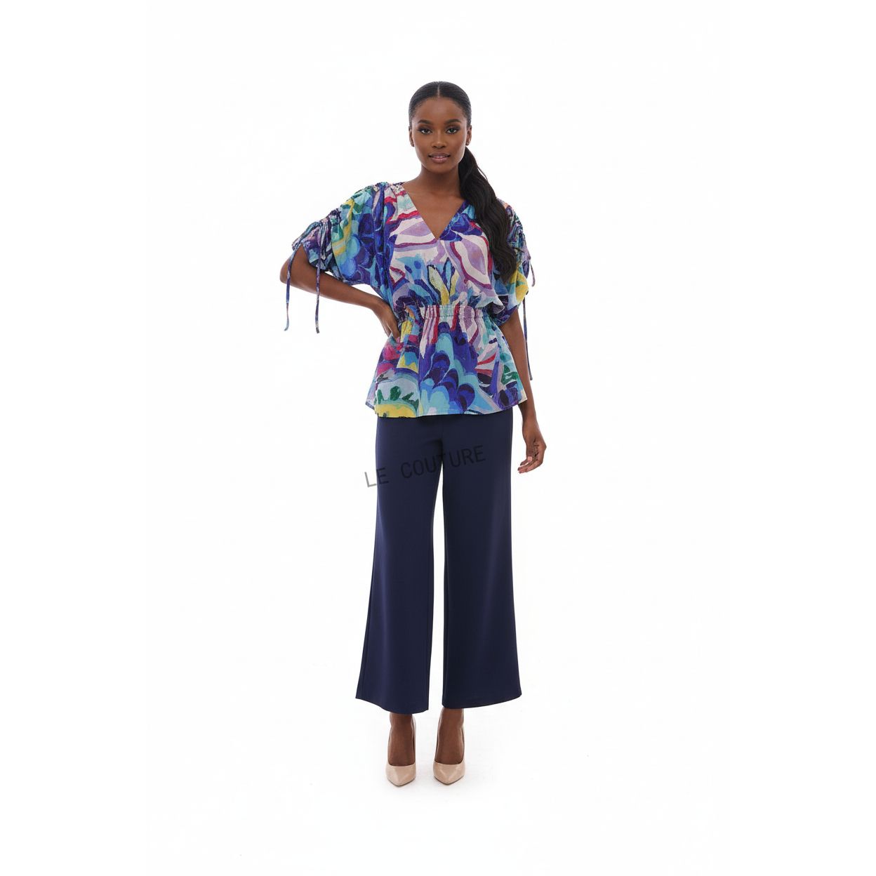 Multicolor Printed Sleeve Knot Side Top & Pants.