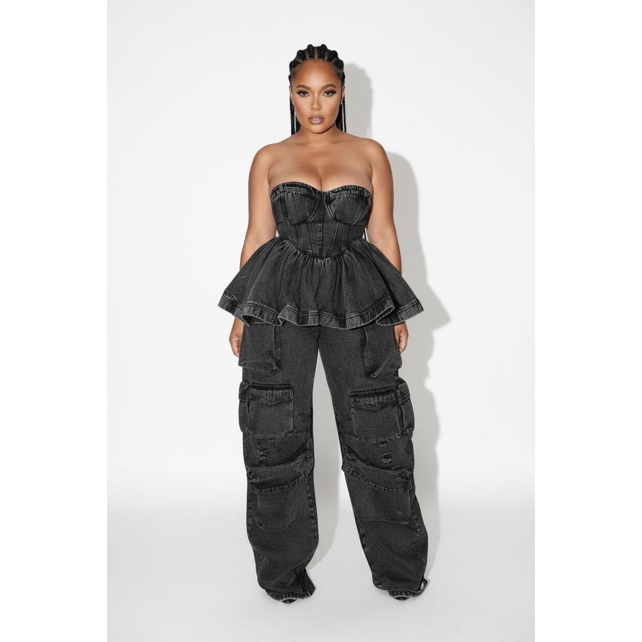 Denim Cargo Pants with Off-Shoulder Ruffle Top